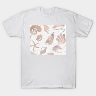 Rose gold South Pacific sea shells - white marble T-Shirt